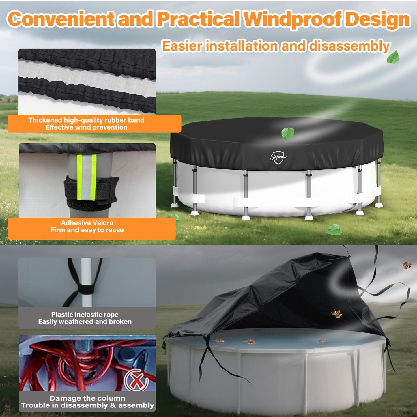 SAFANA 14FT Round Pool Covers for Above Ground Pools, Round Swimming Pool Cover [Upgrade 420D Thicker] Protective Leaf Cover with Reflective Strip, Tear Resistant Durability, UV Resistance, Black