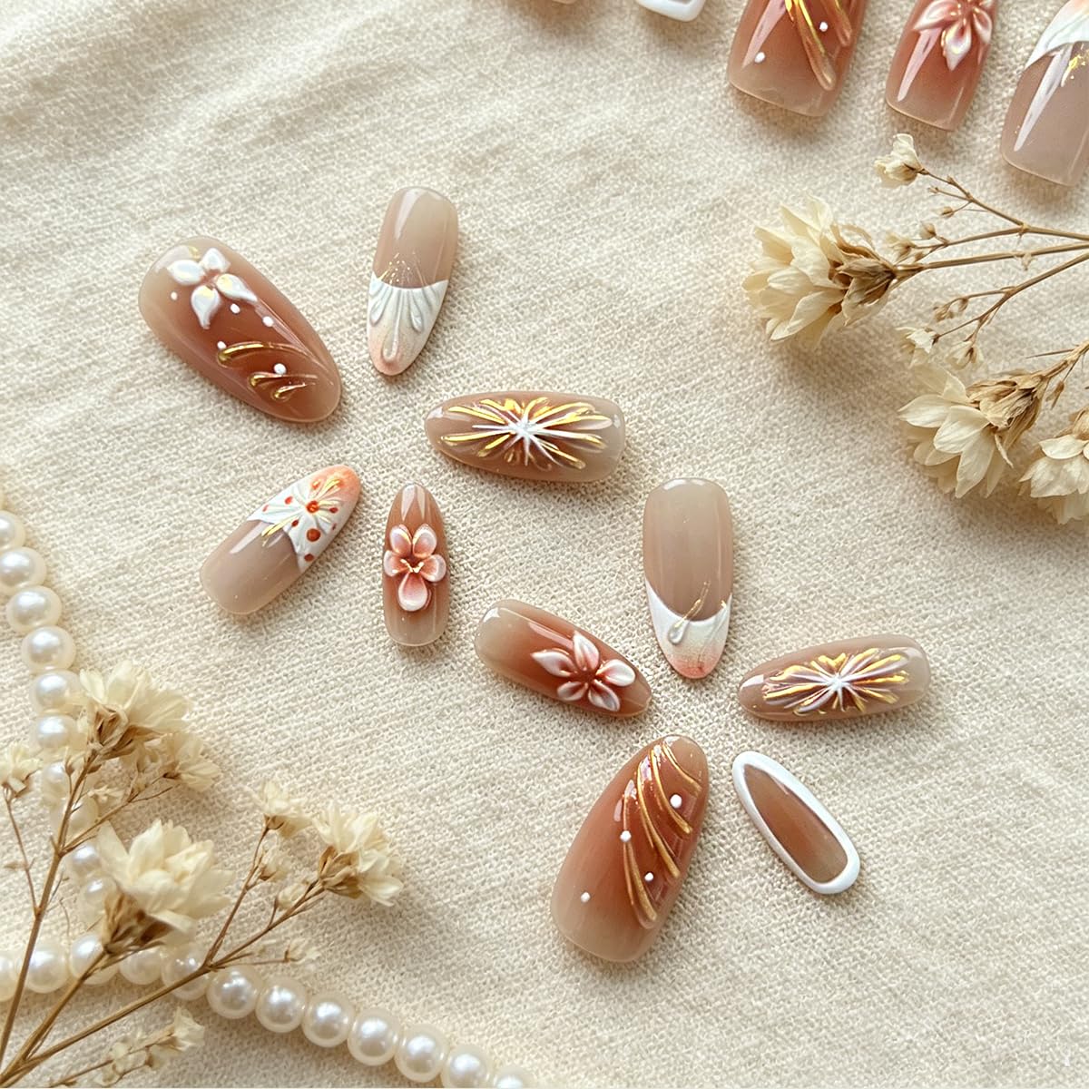 3D Press On Nails Almond Medium Wihte French Fake Nails with Embossed Flower&Lines Designs, Acrylic Artificial Nail Press ons False Stick On Nails for Women Girls 30Pcs