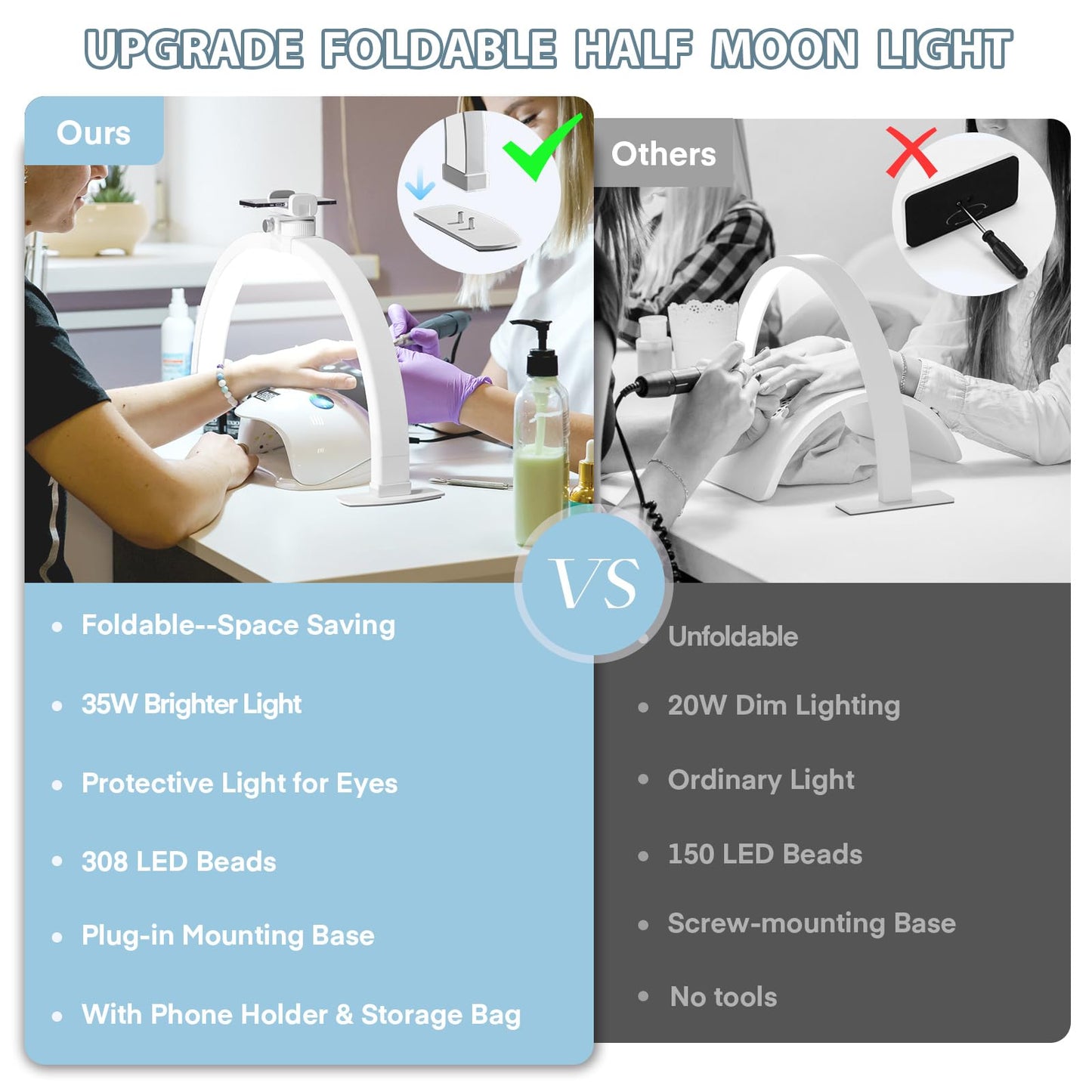 MYSWEETY Foldable Half Moon Nail Desk Lamp, 23 Inch Lash Tech Light with Phone Holder, Estheticians Table Lamp for Tattoo, Lash Eyelash Extension, Beauty