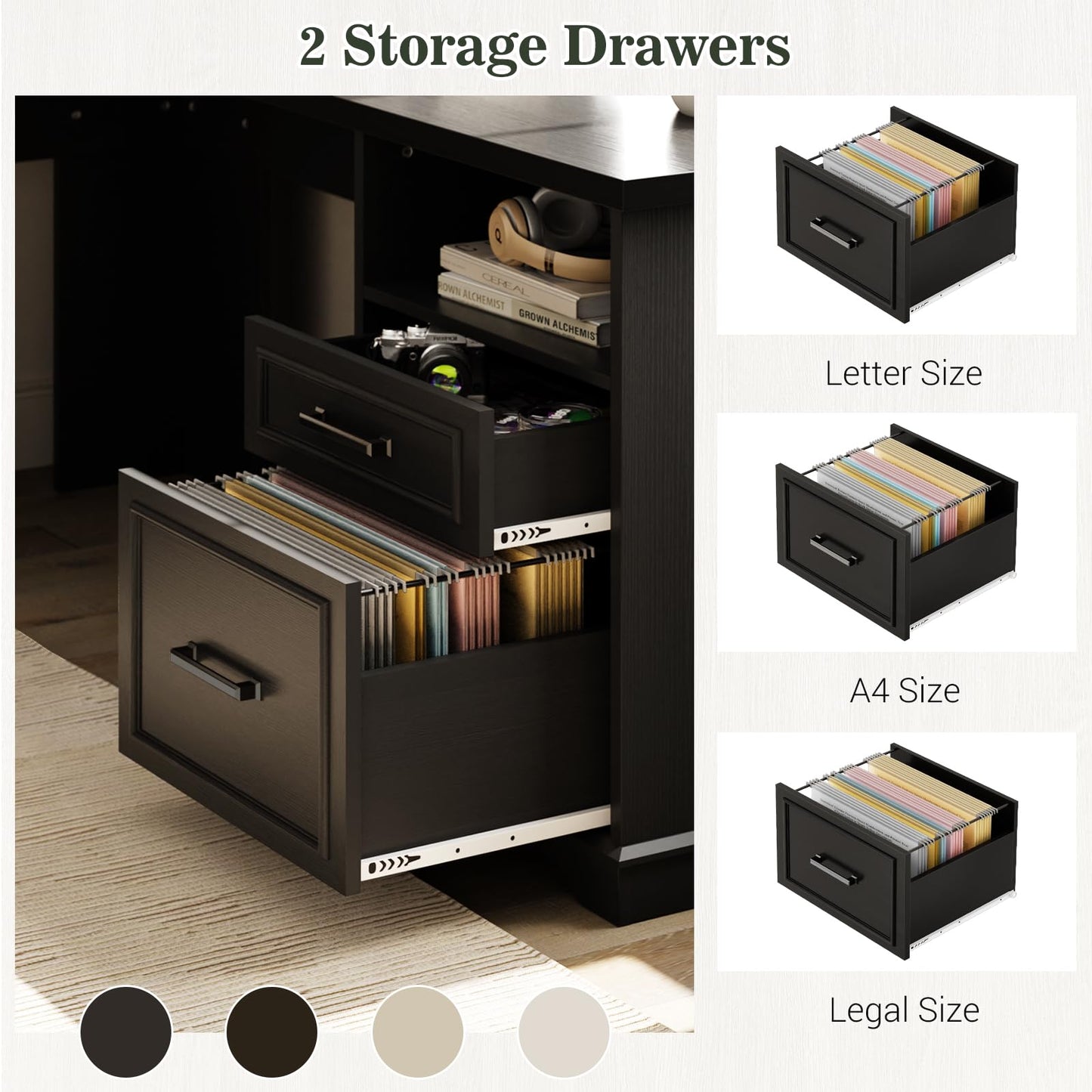 Unikito Farmhouse L Shaped Executive Desk with File Drawers, 60" Corner Computer Desk with Power Outlets, Large 2 Person Home Office Table with Storage Cabinet, Sturdy Writing Desk, Black