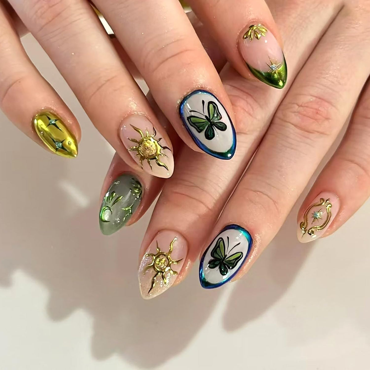 30 Pcs Butterfly Press on Nails 3D Gold Star Moon Fake Nails with Rhinestones Design Short Oval Acrylic Glue on Nail Mirror French Tip False Nail for Women