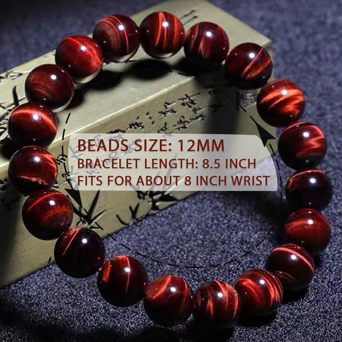 TaHLga 12MM Red Tigers Eye Bracelet for Men | Natural Healing Root Chakra Gemstones | Fits for 8-8.5" Large & Strong Wrist | Bring Luck & Fortune | Anxiety Relief Spritual Gift for Friends Familys