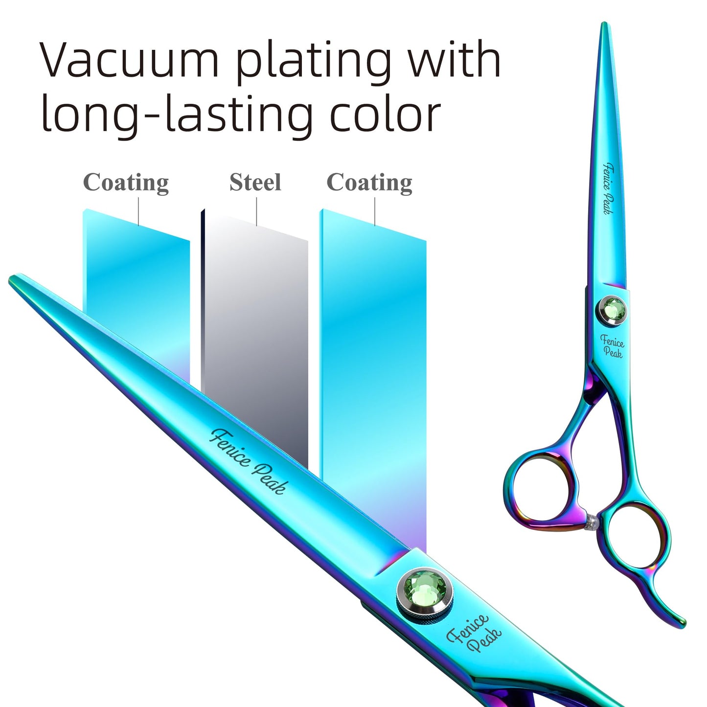 Fenice Peak Green Dog Grooming Scissors Set Straight Thinning Curved and Chunker Shears 4PCS Kit with Simulated Emerald Screw 440C Trimming Shears Durable and Sharp