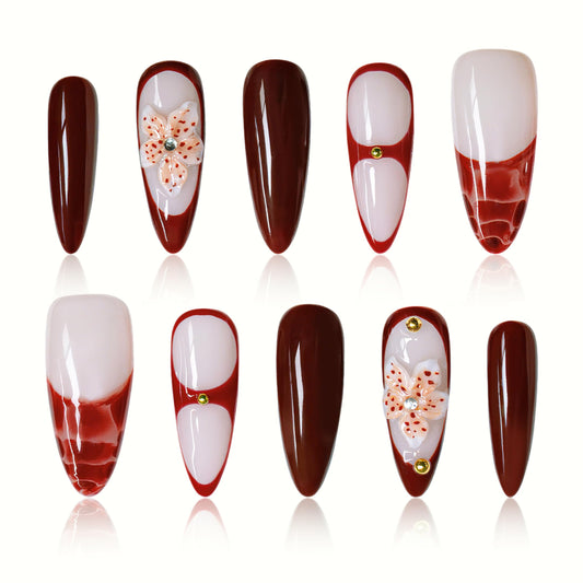 Vanpaga Handmade Stiletto Press on Nails Long Burgundy Glossy Gel Nails with 3D Flower Rhinestone Design, Reusable Stick on Fake Nails for Women (Size M)
