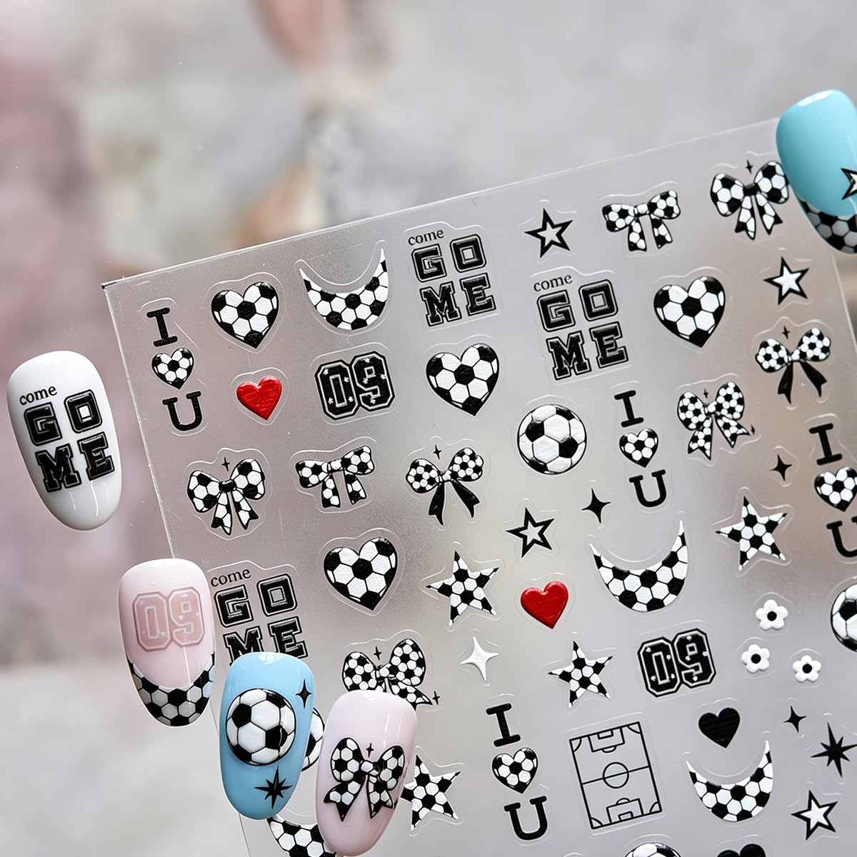 5D Embossed Nail Stickers Black White Nail Decals Soccer Bow Star Heart Nail Art Stickers Self-Adhesive Nail Stickers for Nail Art for Women Girls Y2K DIY Manicure, 1 Sheet