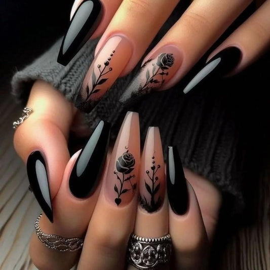 MISUD Press on Nails - Long Coffin Glue on Nails with Goth Black, Acrylic Gothic Rose Design 24 pcs