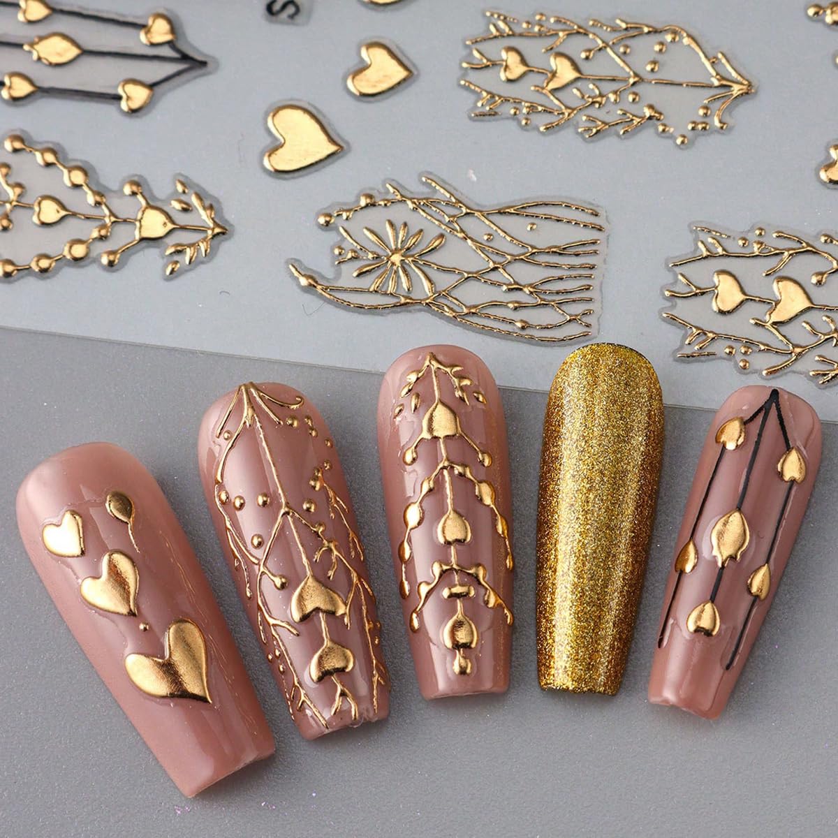 Golden Heart Nail Art Stickers Valentine’s Day Heart Nail Stickers for Nail Art 3PCS 3D Metallic Love Hearts Tree Stripe Design Self-Adhesive Nail Decals for Women DIY Manicure Nail Decorations Supply