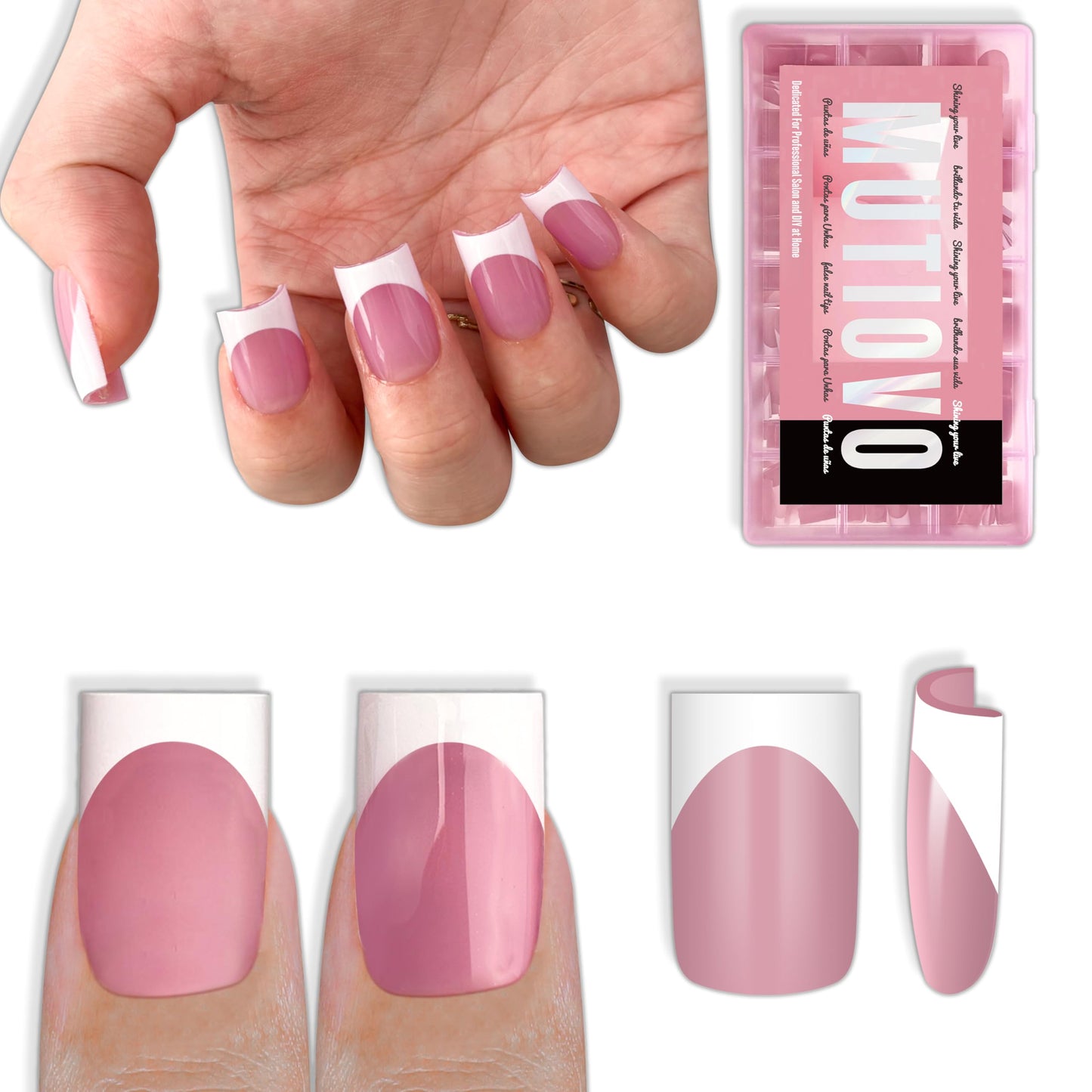 MUTIOVO White French Tip Short Straight Square Nail Tips Press on, BERRY PINK Extra Thick NEED Soft Gel Nail Extension, Need Builder gel & Top,Coat Full Cover False Nails, for DIY x 15 Sizes 150 pcs