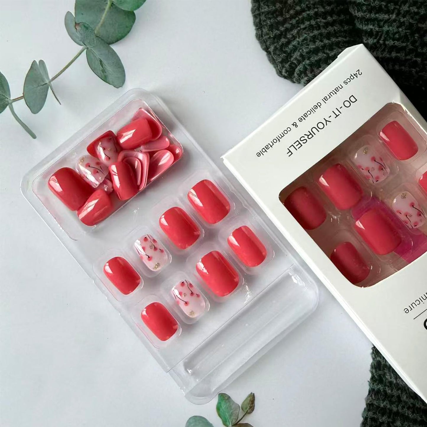 Pink Press on Nails Short Square Fake Nails with Gold Glitter Designs 24Pcs Pink Flower Press on False Nails Glossy Acrylic Glue on Nail Spring Summer Floral Stick on Nail for Women