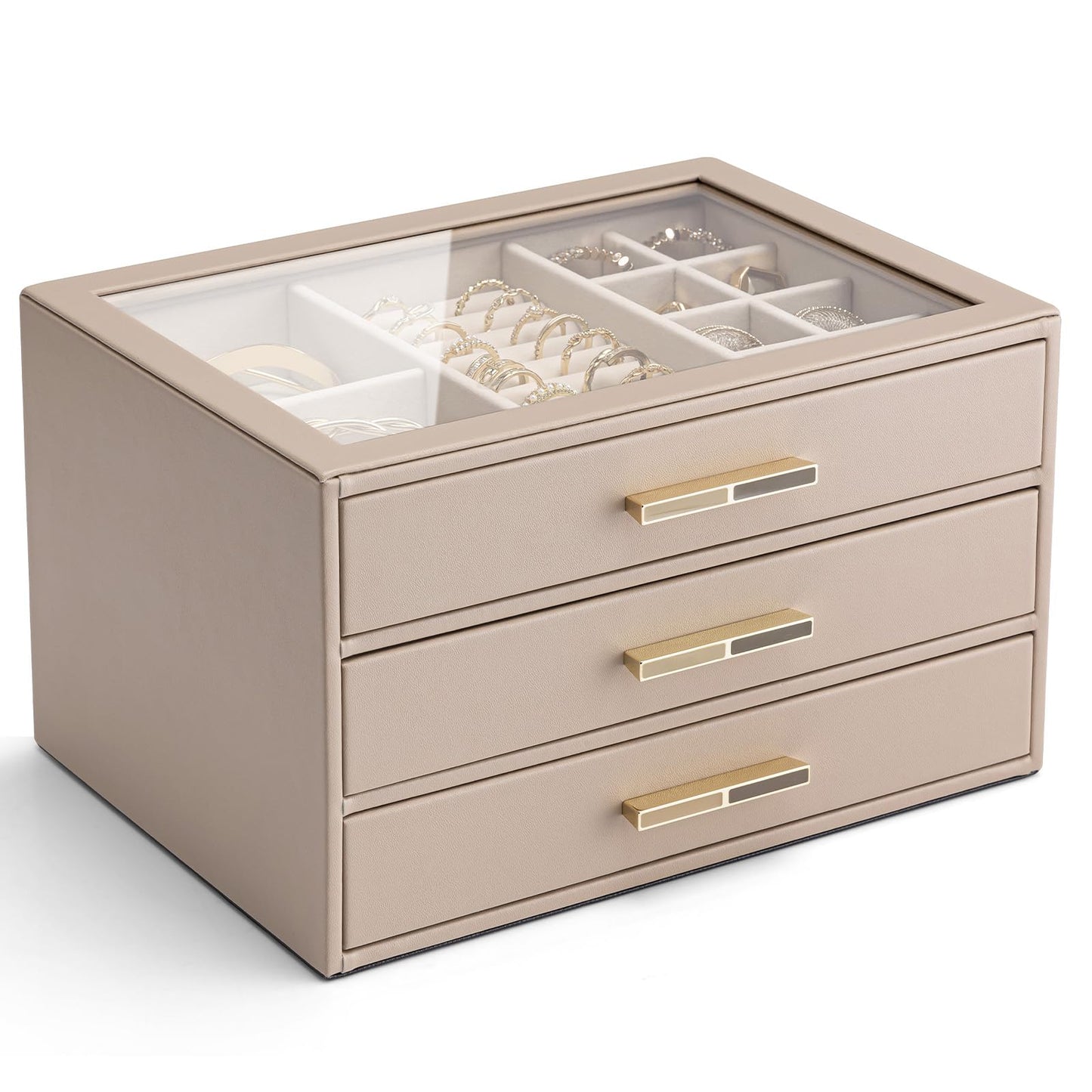 VLANDO 3 Layer Jewelry Box for Women, Mothers Day Gifts for Women, Glass Lid Jewelry Organizer with 3 Drawers for Necklaces Rings Earrings Bracelets - Toffee