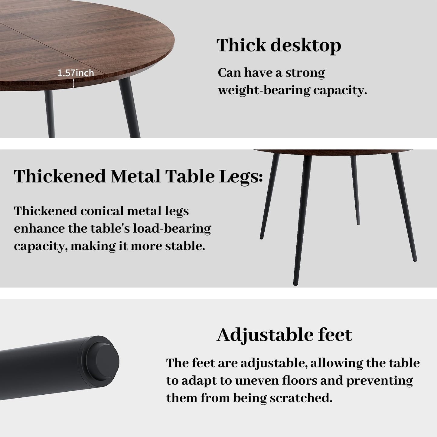 HIPIHOM 43.3"-59.1" Extendable Round Dining Table Set of 6, Mid Century Wooden Round Kitchen Table, Coffee Table for 4-6 Person,6 Gray PU Leather Chair