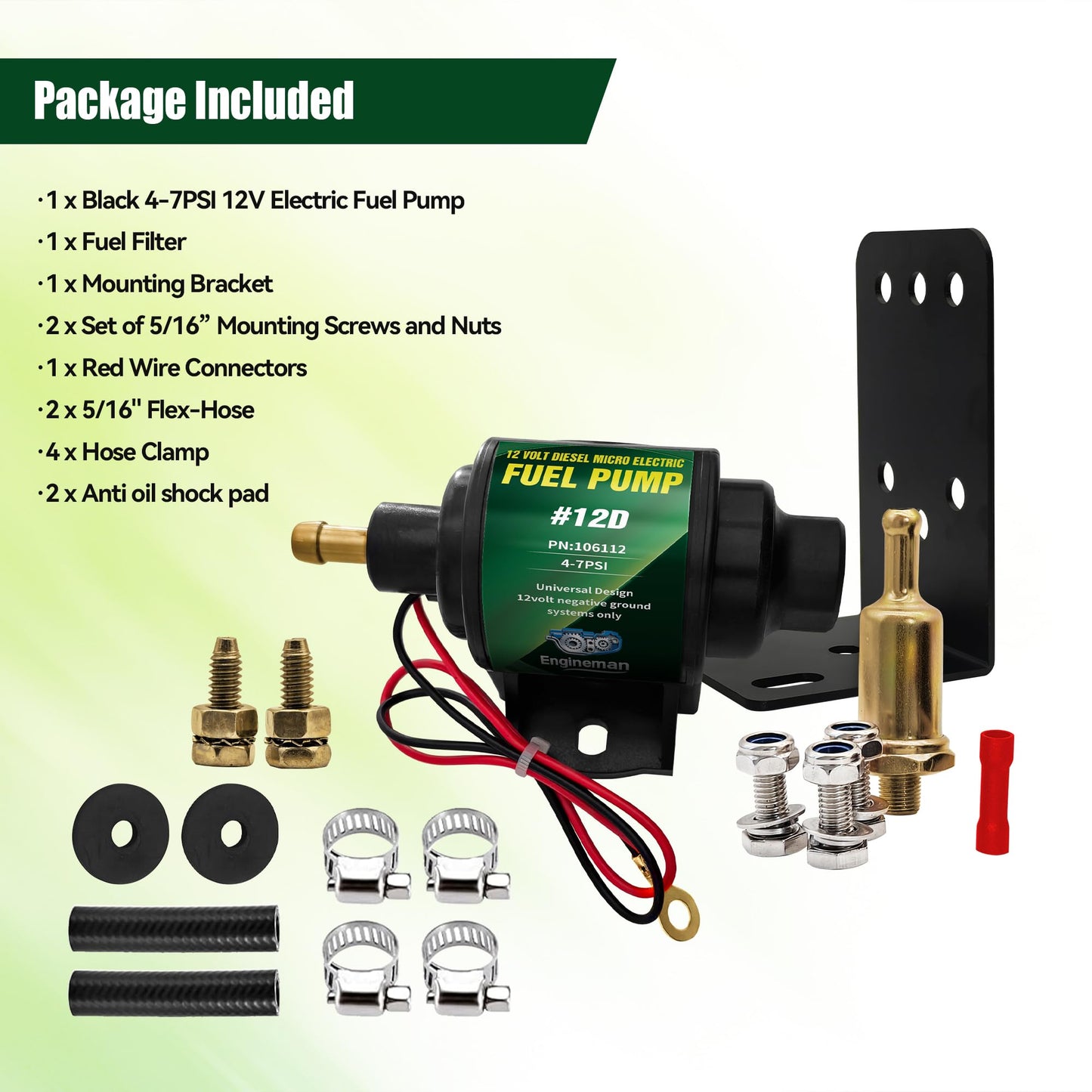 ENGINEMAN 12D Micro Electric Diesel Fuel Pump Universal 5/16 inch Inlet and Outlet 12V 1-2 A, 35 GPH, 4-7 PSI