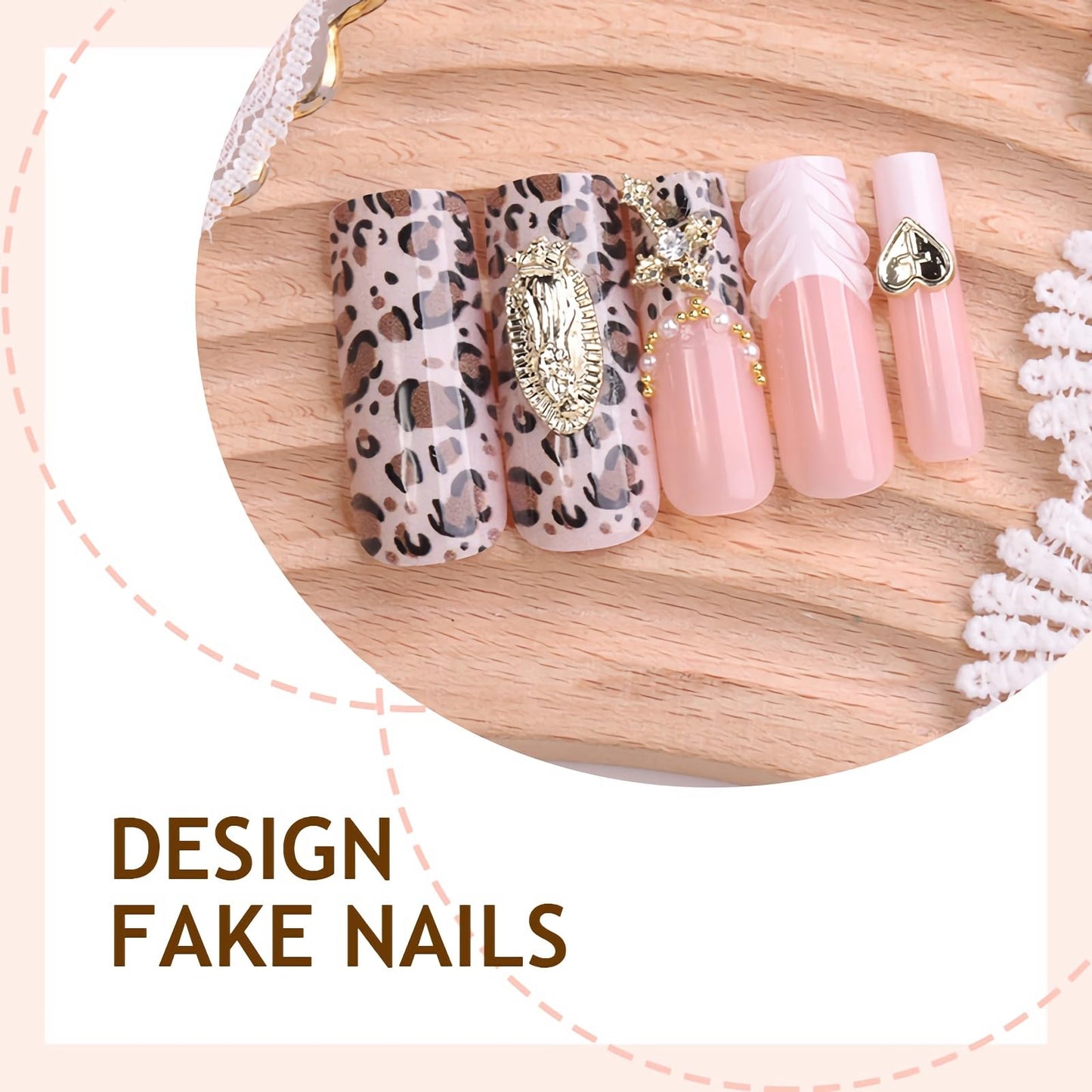 BABALAL Press On Nails, Long Square Fake Nails, Pink Ombre With White French Tip, Leopard Print & 3D Gold Cross Charm, Glossy Full Cover Glue On Nails For Women And Girls 24Pcs