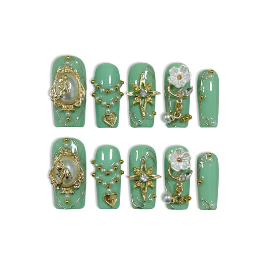 TENPAL Handmade Press on Nails Medium Square,Green Gold Gothic Angel Sweet Sexy Glitter Fake Nails Reusable Daily Wear Salon Acrylic False Nails for Women Girls 10PCS(L)