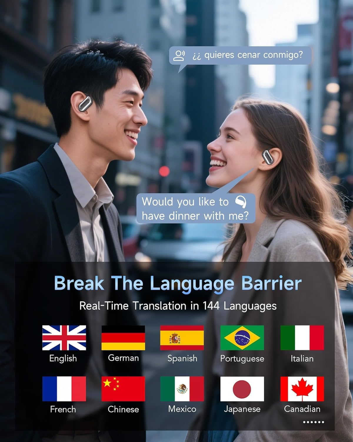 AI Translator Earbuds Real-Time, 3-in-1 Ultra Open Ear Bluetooth Headphone Translator 144 Languages & Accents, with Charging Case for Travel & Learning & Business Negotiation, iOS & Android Compatible