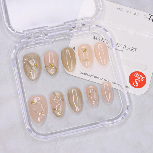 Handmade Press on Nails Short Length Thick Acrylic Nails Glitter False Nails with Steel Ball & Pearl Designs Almond Shaped Fake Nails French Full Cover Stick on Nail for Women (Size S）