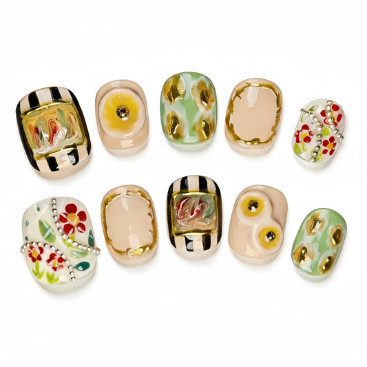 Fine Point Gallery Bloom Press On Nails, 10pcs Short Squoval for Hands, Handmade Floral & Stripe Mix with Gold Frame Accents, Reusable Glue On False Nails (Size Medium)