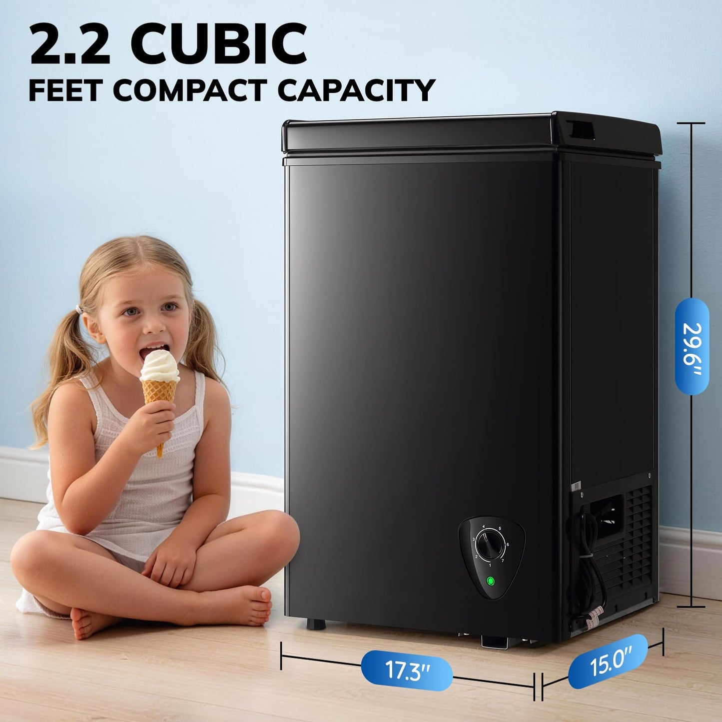 Compact 2.2 Cu.Ft Wanai Chest Freezer with 2 Removable Baskets, Mini Deep Freezer Adjustable 7 Thermostat with Top-Open Door for Home Kitchen, Black
