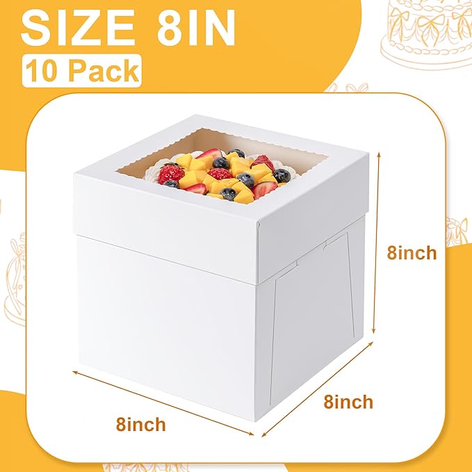 10 Pack Cake Boxes 8 Inch, 8x8x8 Inches Tall Cake Large Box, Disposable Cakes Transport Containers with Lids, Bakery Boxes with Large Window, for Cookies Pies Cupcakes Pastry-Wedding, Birthday, Party