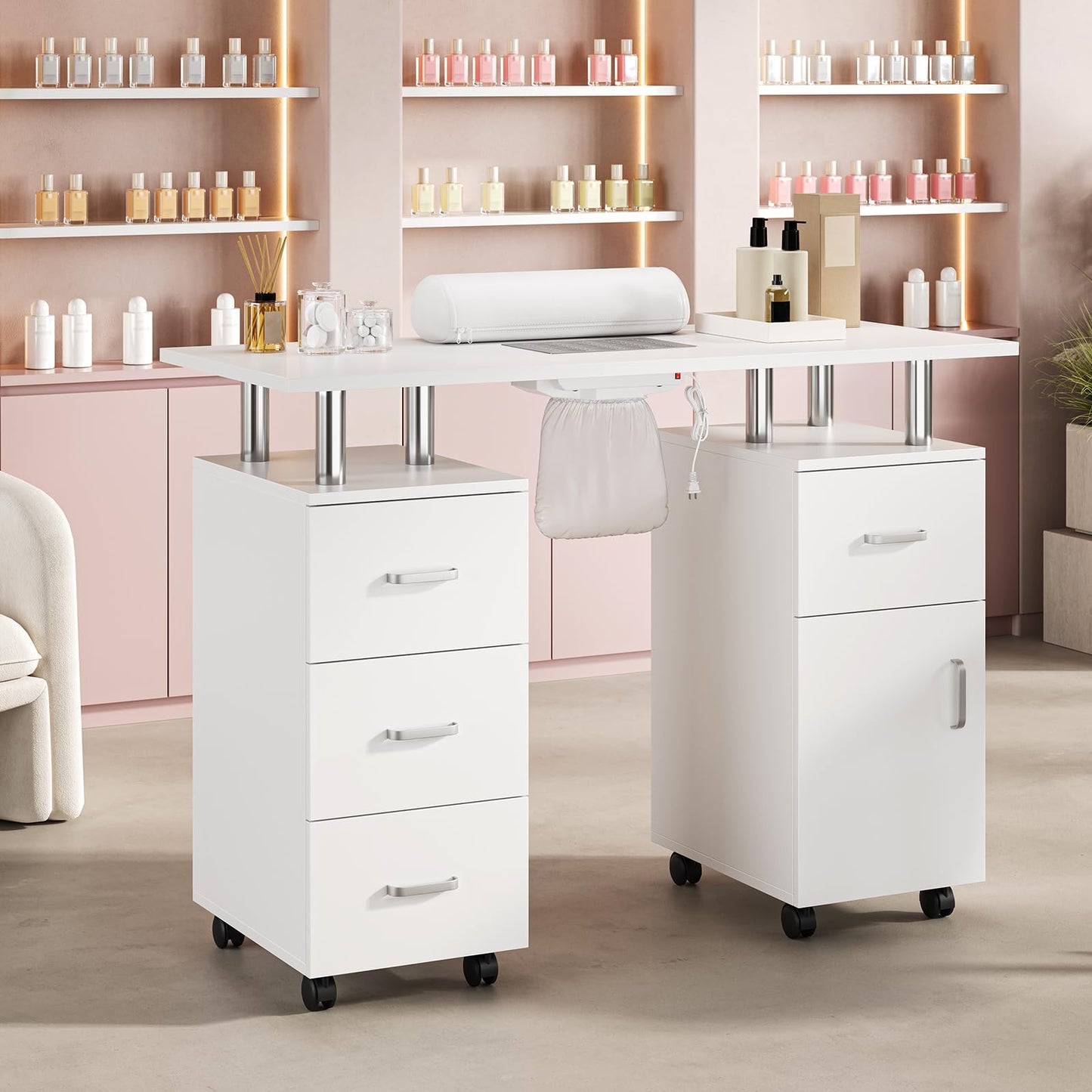 Manicure Table, Nail Desk Station for Nail Tech with Electric Downdraft Vent & Locking Castors & Wrist Cushion, Manicure Desk with 4 Drawers & 1Cabinet Manicure Table for Spa Beauty Salon, White