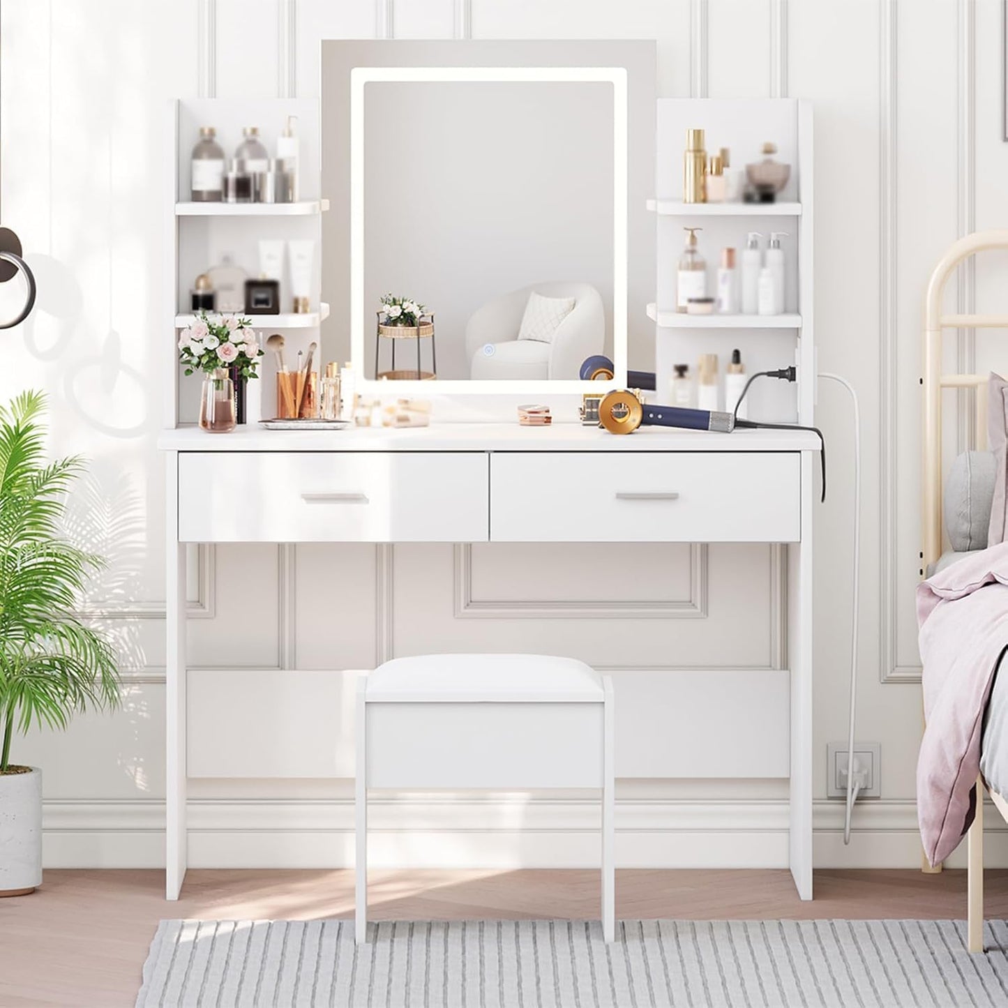 GarveeHome Vanity Desk with Lights, Tri-Mode LED Lighted Mirror and Charging Station, Makeup Vanity Set with 6 Shelves, 2 Drawers, and Soft Cushion Stool for Bedroom