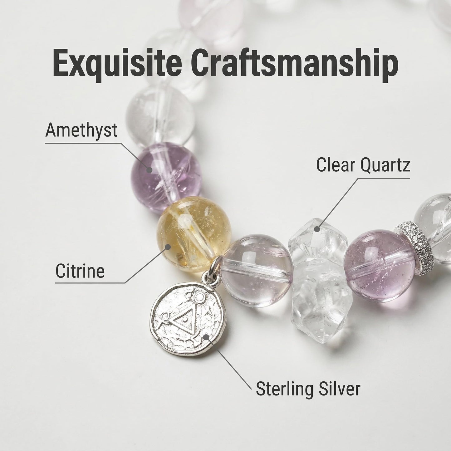 ANNIE WU Natural Crystal Bracelet for Women, Amethyst Citrine Clear Quartz Healing Beaded Bracelet, 925 Sterling Silver Adjustable Stretch Bracelet, 10mm Beads, 17-19cm, Spiritual Energy Jewelry Gift with Premium Box
