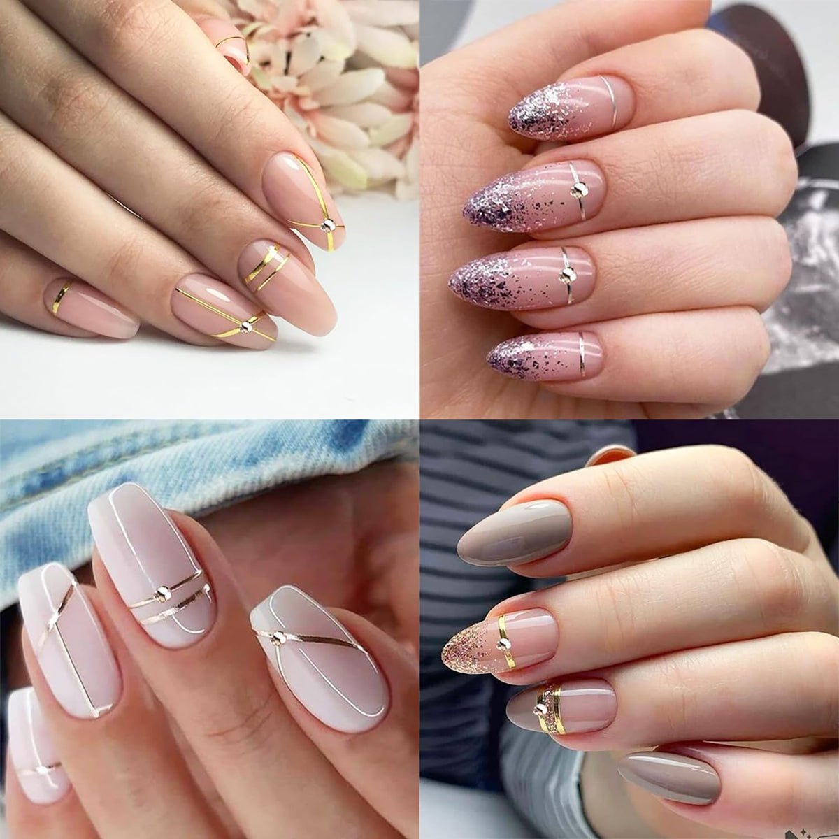 2 Sheets French Tip Nail Stickers for Nail Art Gold Silver French Nail Art Stickers with Crystal Diamond 5D Self-Adhesive Nail Supplies Embossed Line Nail Decals for Women DIY Manicure Decoration