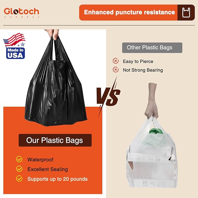 Glotoch 10000 (10K) Count Plastic T-shirt Bags Plain Black, 11.5 x 6.5 x 21" Grocery Shopping Bags with Handles for Restaurant, Retail, Takeout, Convenience Stores, Kitchen Trash, in Bulk Business