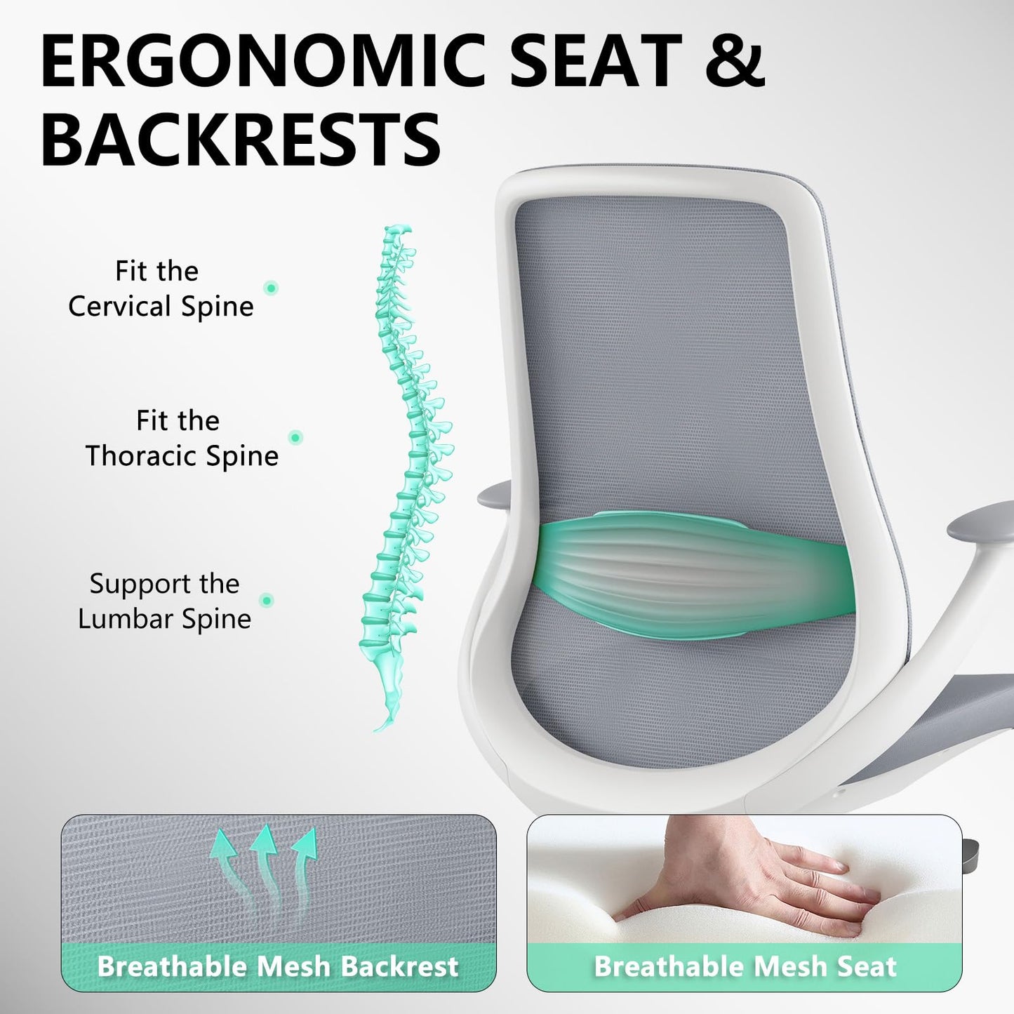 BERYTH Ergonomic Office Chair, High Back Mesh Desk Chair with Lumbar Support, 360° Swivel & Slide-Adjustable Arms, Tilt Lock and Recline, Breathable Task Chair for Home Office & Gaming (Grey)