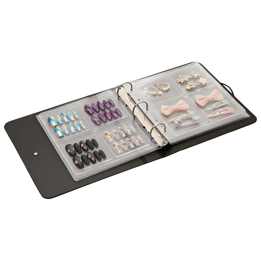 AZSRKRBM Press On Nail Book, Nail Swatch Binder Organizer with 12 Grids & Adhesive Sheets, 3 Removable Pages for Crush Resistant Storage, Display Fake Nails, Jewelry for Earrings & Necklaces
