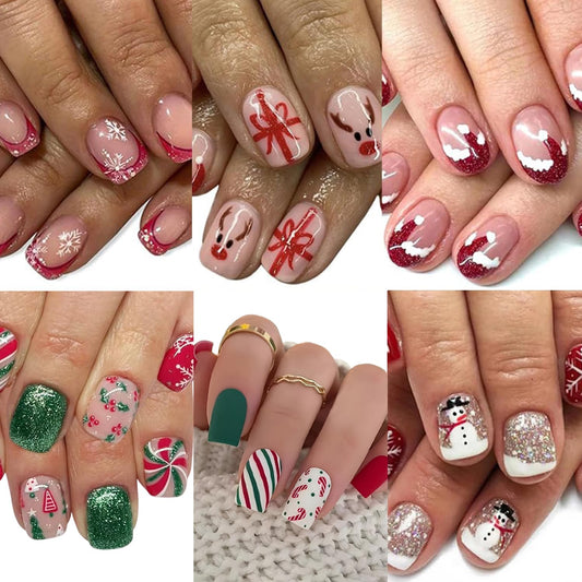 144 Pcs 6 Styles Christmas Press on Nails Kit Short Fake Nails Xmas Tree Snowflake Elk Santa's Hat Designs French Tip Sparkly Acrylic Nails Full Cover Glitter False Nail Set for Women Nail Art DIY