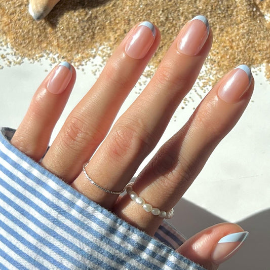 Glamnetic Press On Nails - Into Blue | Glazed Short Oval Fake Nails with Periwinkle French Tips, Salon Quality Summer Nails | 15 Sizes - 30 Nail Kit with Glue