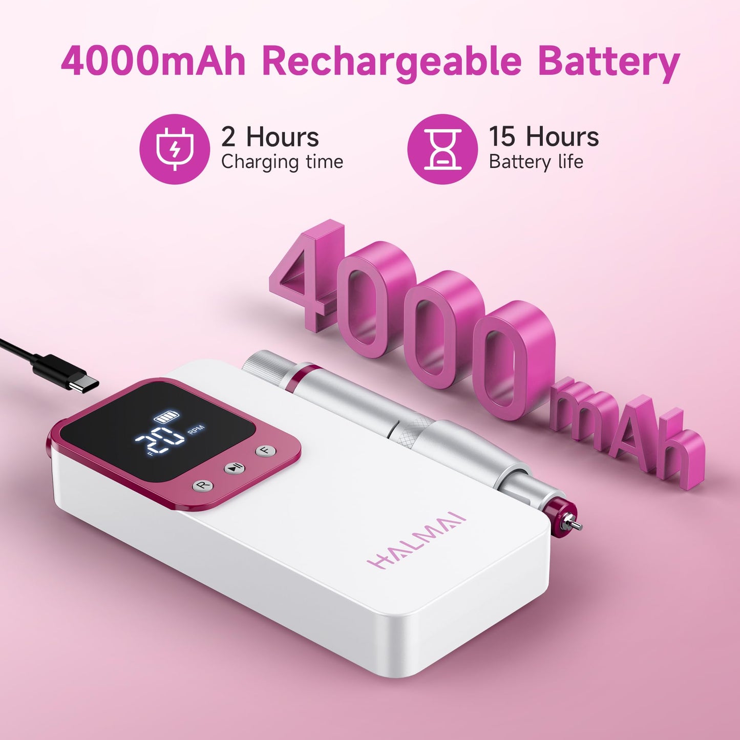 Electric Nail Drill Professional, Portable Nail File for Acrylic Gel Nails, Cordless Rechargeable Ultra Power Nail Drill Kit 40000RPM, HMC320 Salon-Grade Efile Nail Machine (White)