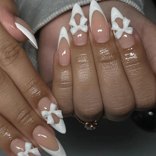 24Pcs French Tip Press on Nails Medium Almond Shape Fake Nails with White Bow Design Charms False Nails Stick on Nails Press ons Full Cover French Acrylic Nails for Women Girls Nail Decorations