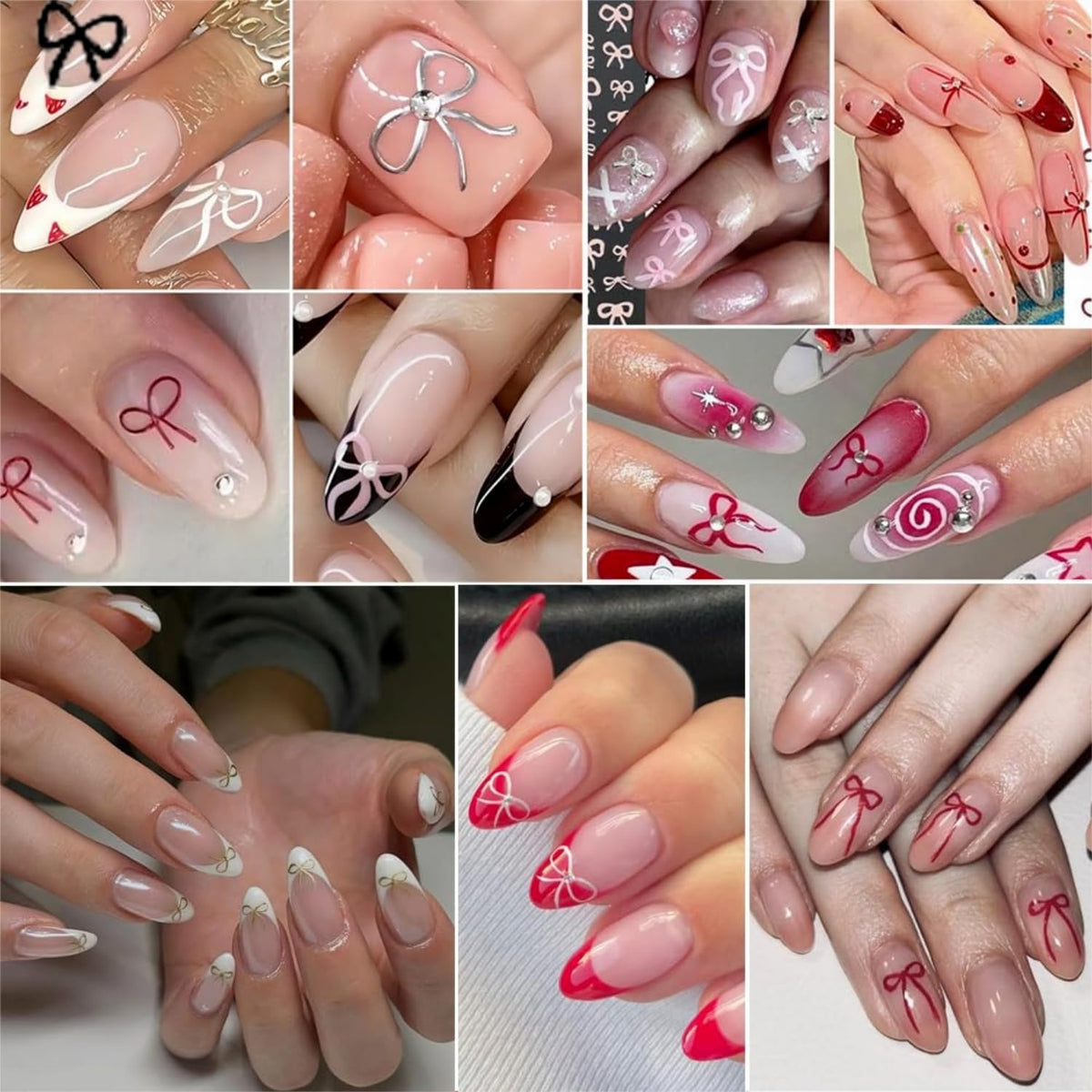 12 Sheets Self-Adhesive Bow Nail Stickers - 3D Decals for Nail Art - Black, White, Pink - DIY Manicure Decorations for Women & Girls