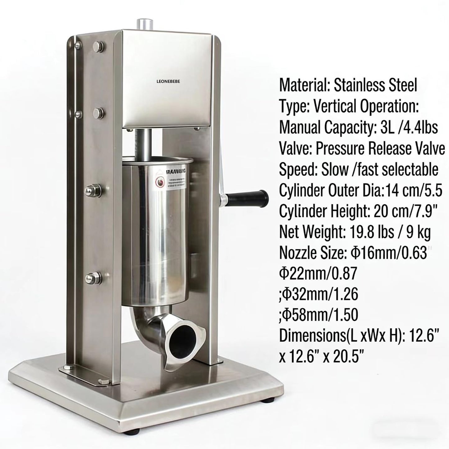 LEONEBEBE Manual Sausage Stuffer Filler, Commercial Vertical Sausage Maker Machine, 7Lbs/3L Capacity, 2 Speeds, Adjustable, 4 Stainless Steel Filling Tubes, Silver