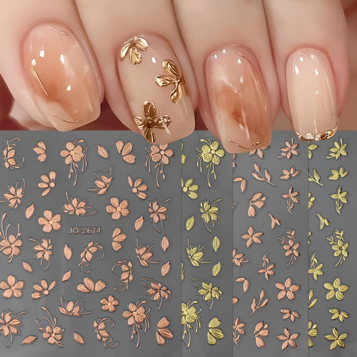 12 Sheets Flower Nail Art Stickers 3D Self Adhesive Gold Nail Decals Summer Spring Nail Stickers for Nail Art Design Flower Nails Supplies for DIY Acrylic Nails for Women Girls
