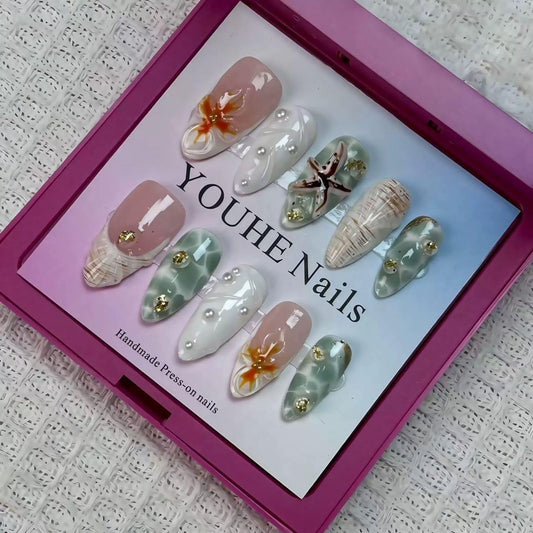 Threelegscat Handmade Press on Nails Almond Medium Press Ons with Flower and Beach Designs for Women Size L 10pcs