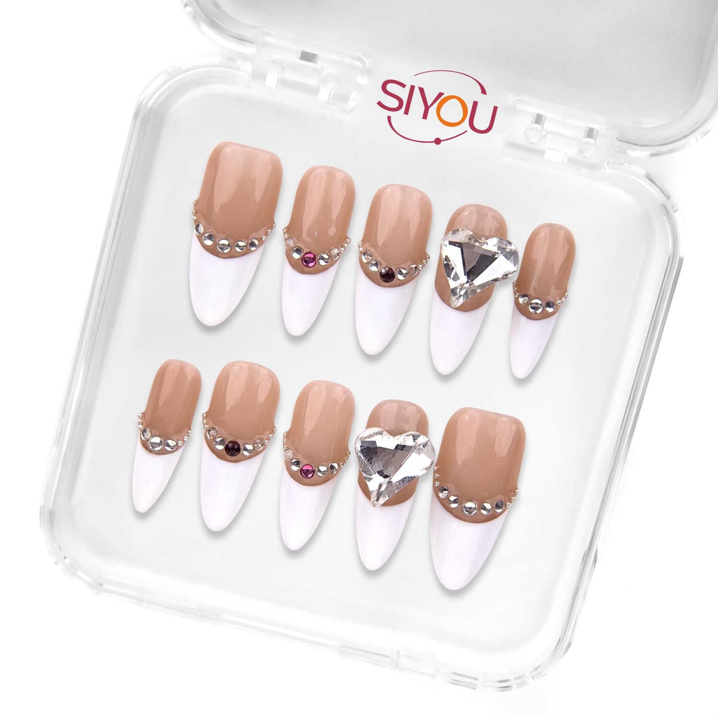 SIYOU Beauty | Gemstone French | Light Brown and White French Tip Rhinestone Long Almond Press On Nails for Women (Small) - Reusable, Salon-Quality Fake Nails (10pc)