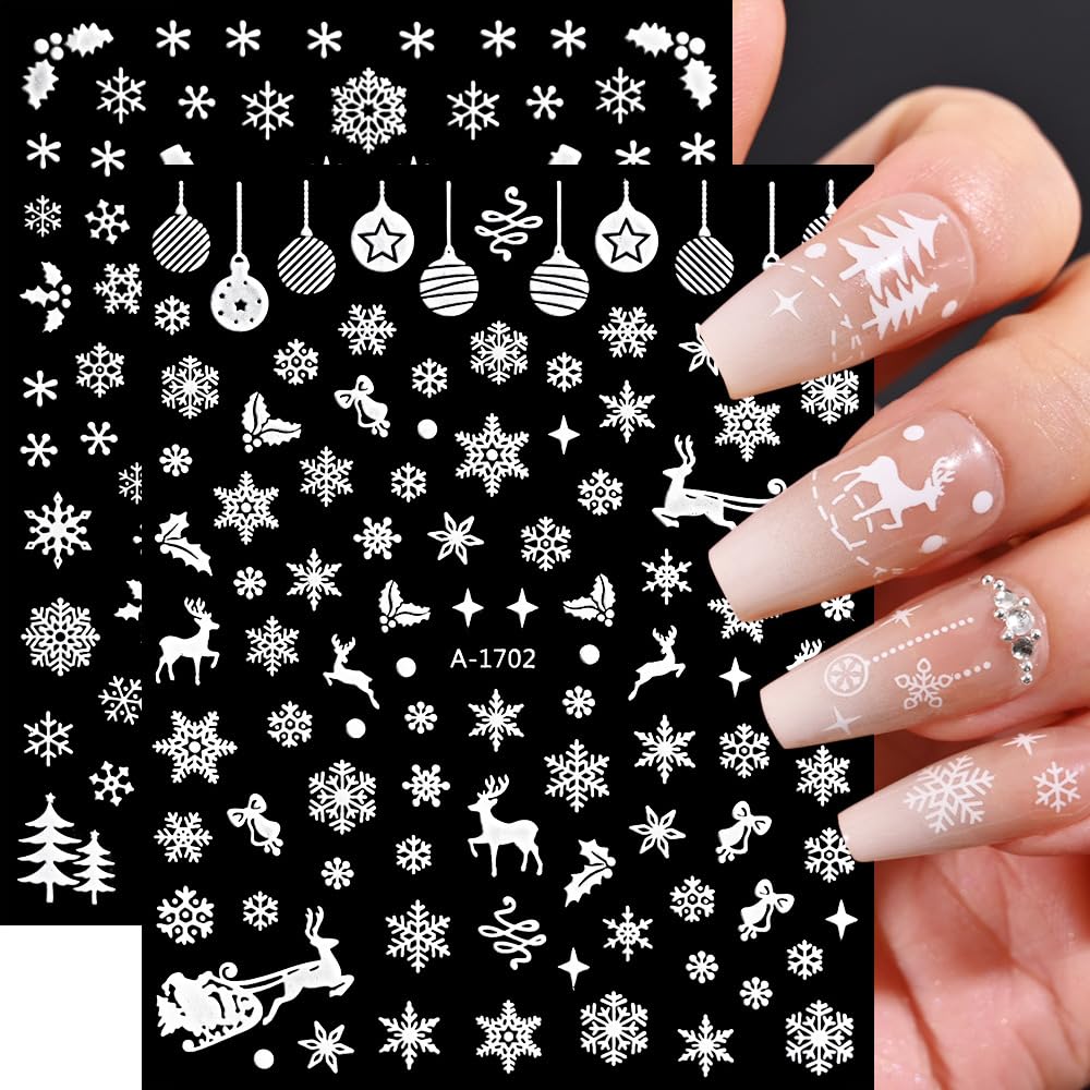 12 Sheets Snowflake Nail Stickers for Nail Art, 1000 Pcs 3D Self-Adhesive White Star Trees Nail Decals, Deer Elk Nail Supplies Nail Art Designs Accessories for Women and Girls Manicure DIY Decoration