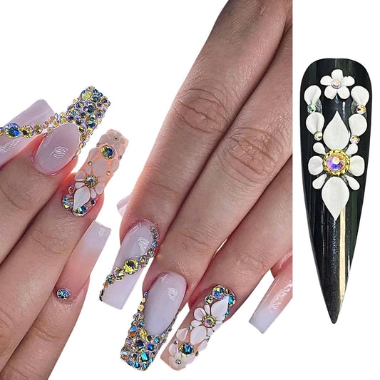 Set 16Pcs 3D Poinettia Flower -Nail Art Charms Handmade by Acrylic Powder Design Nail Art Floral Salon Decor, 3D Flowers Nails Charms with Rhinestone Gems for Women (Set White 16Pcs-Large)