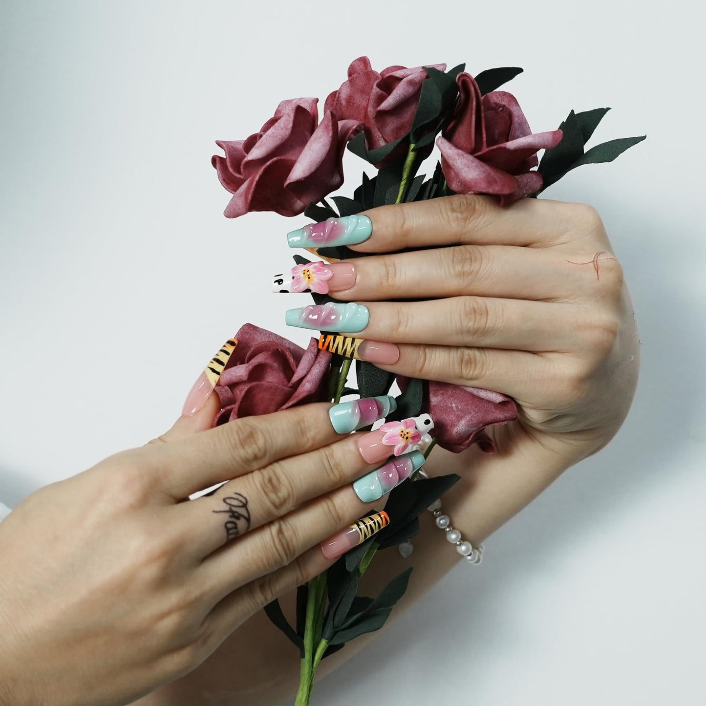 Tesytto Handmade Press on Nails Long Coffin Muti-Layer Gel Fake Nails - 3D Lotus Flowers & Tiger Print, French Tip Glossy Thick Acrylic Nails (Playful Zebra with Lotus,S)