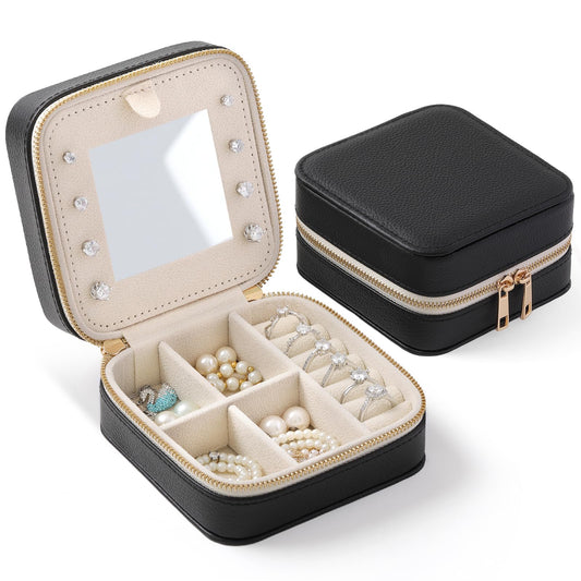 NGVRC Genuine Leather Travel Jewelry Organizer Case with Mirror for Women, Small Mini Portable Jewelry Box for Ring Earrings Necklace Bracelet Luxury Gift for Women（Black）