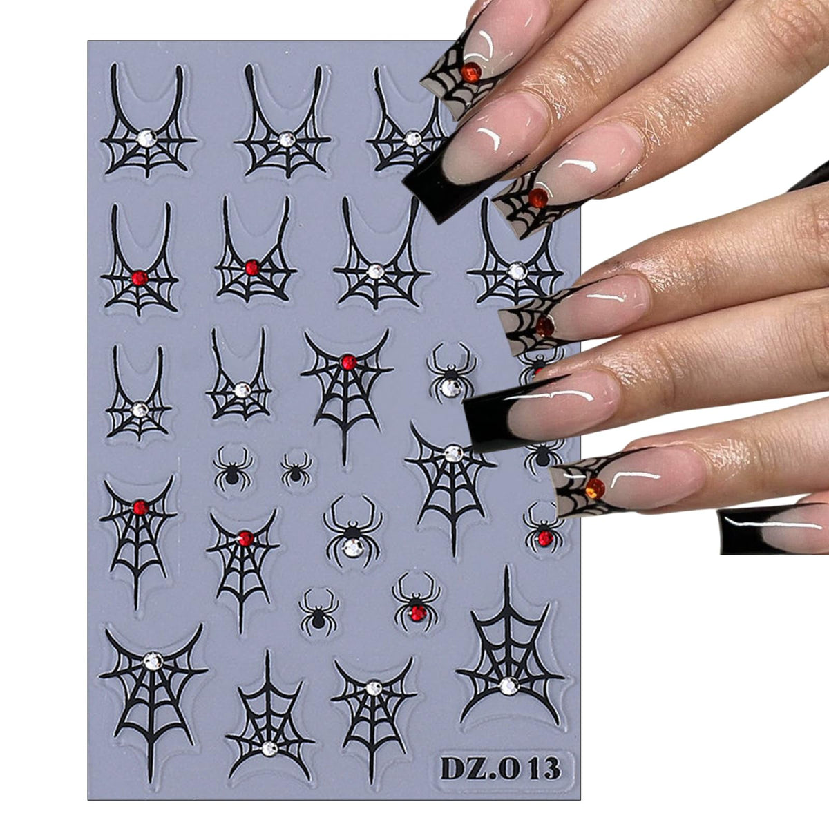 4 Sheets 5D Embossed Halloween Nail Art Stickers Self-Adhesive French Tip Spider Web Nail Decals Laser Gold Silver Rhinestones Spider Nail Designs Stickers Holiday Nails Decoration for Women DIY