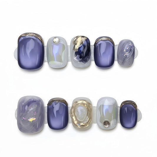 Fine Point Handmade Press On Nails - Short Purple Aurora Shine with Blooming Effect Ink Art, Gold Accents, Iridescent Metallic Glitter - Fake Nails, Nails Press Ons, Short Press On Nails (Size Medium)