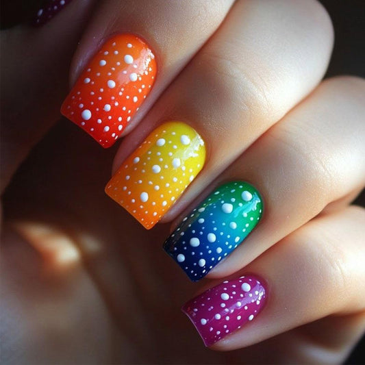 Polka Dots Press on Nails with Rainbow Design Glossy Multicolor Fake Nail Ombre Short Square False Nails Summer Stick on Nail Gradient Glue on Artificial Fingernails for Women Daily Wear