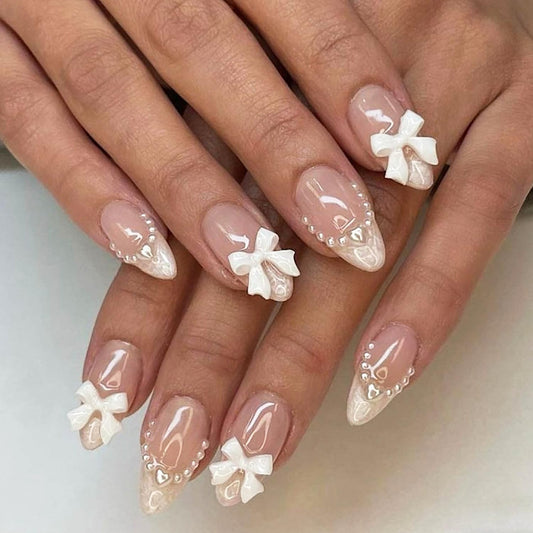 FDSQHSA 24 Pcs White French Tip Press on Nails Short Almond Gel False Nails with Pearl Designs Bow, Full Cover Stick on Nails for Women And Girl