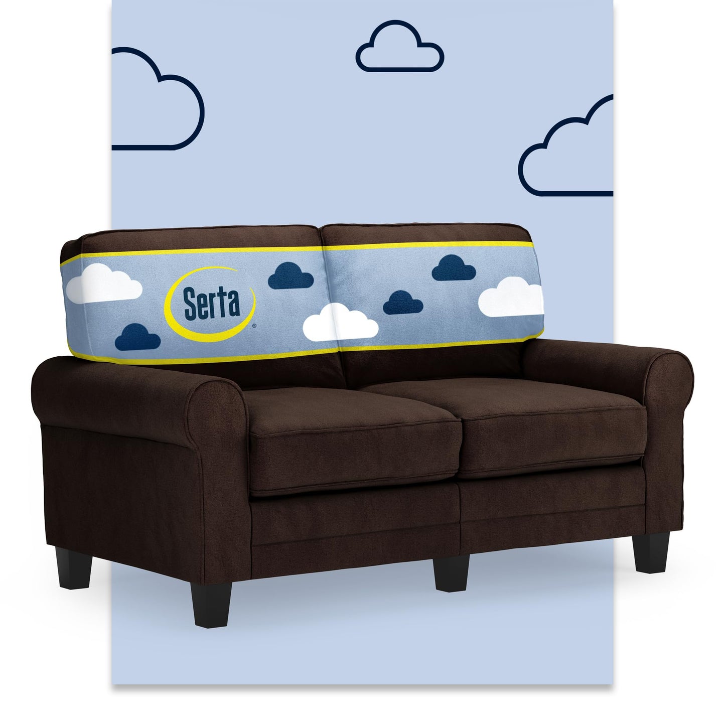 Serta Copenhagen 61" Rolled Arm Sofa, Easy Care Polyester, Soft Pillow Back, Pocket Coil Seat Cushions, Removable Covers, Loveseat or Couch for Small Spaces, Living Rooms or Bedrooms, Brown