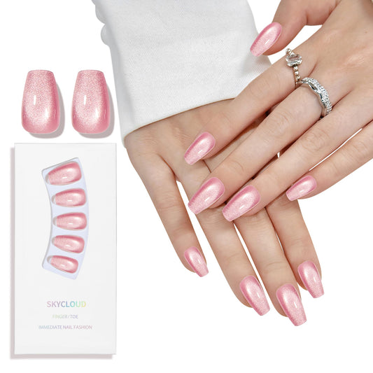 Skycloud Cat Eyes Press On Nails - 24 Pcs Soft Gel Rose Red Pink Medium Coffin Fake Nails Kit with Nail Glue, Natural Reusable Stick On False Nails for Women and Girls (SK0719)