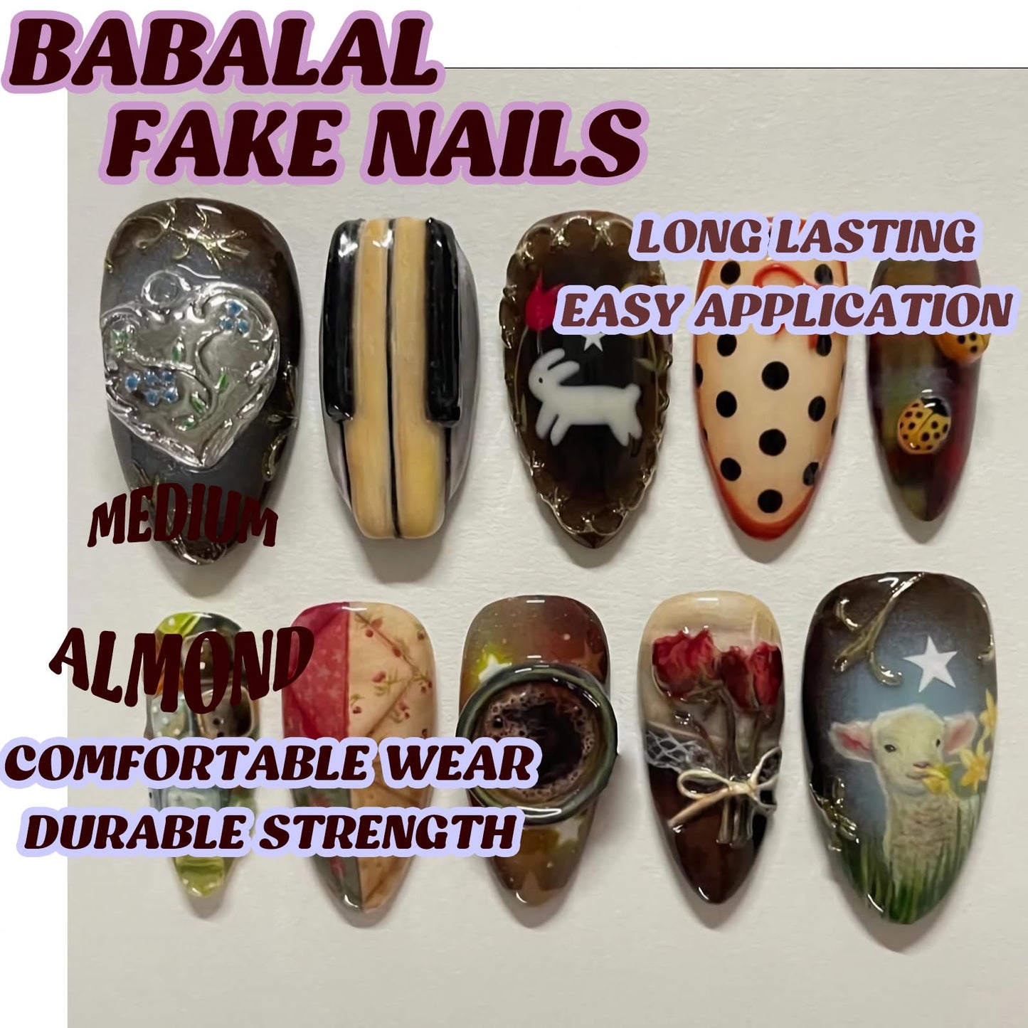 BABALAL Press on Nails Medium Almond Fake Nails Colorful Anime Glue ons Design Rabbit Sheep Flower Y2k Manicure Supplies Handmade Art 24Pcs Glossy Custom Full Cover Acrylic False Nails for Women Girls